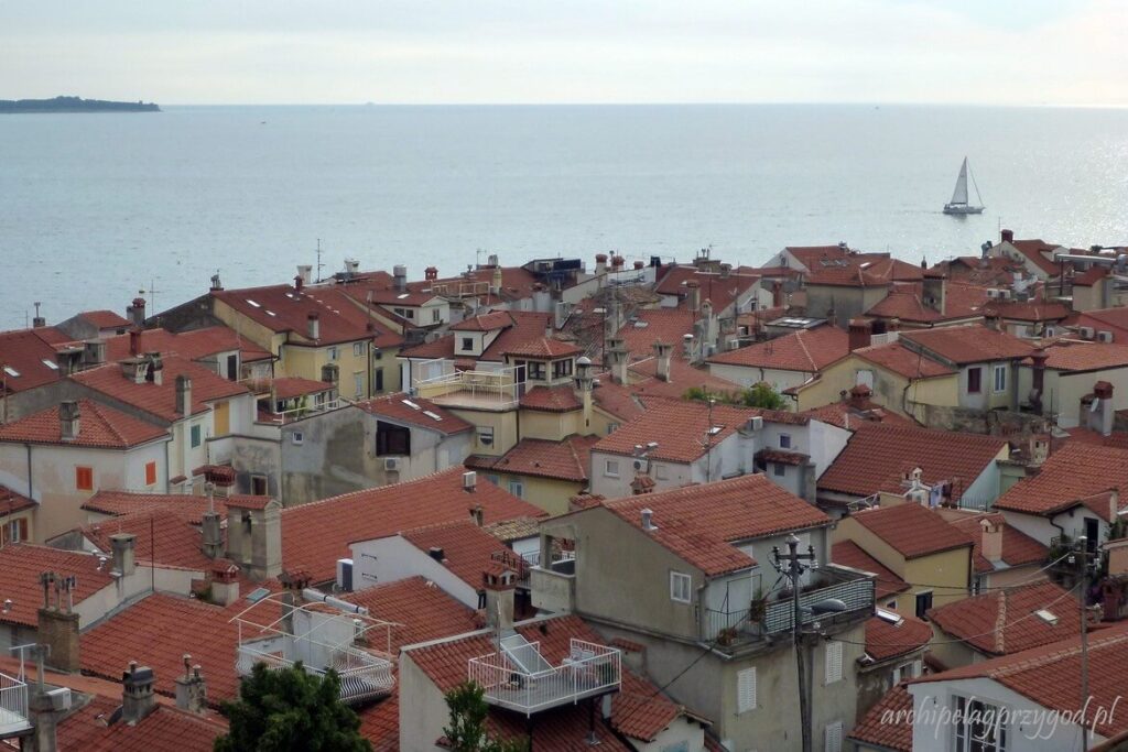 Piran widok na miasto z czerwonymi dachami spod kościoła św. Jerzego. Widać też fragment zatoki z żaglówką